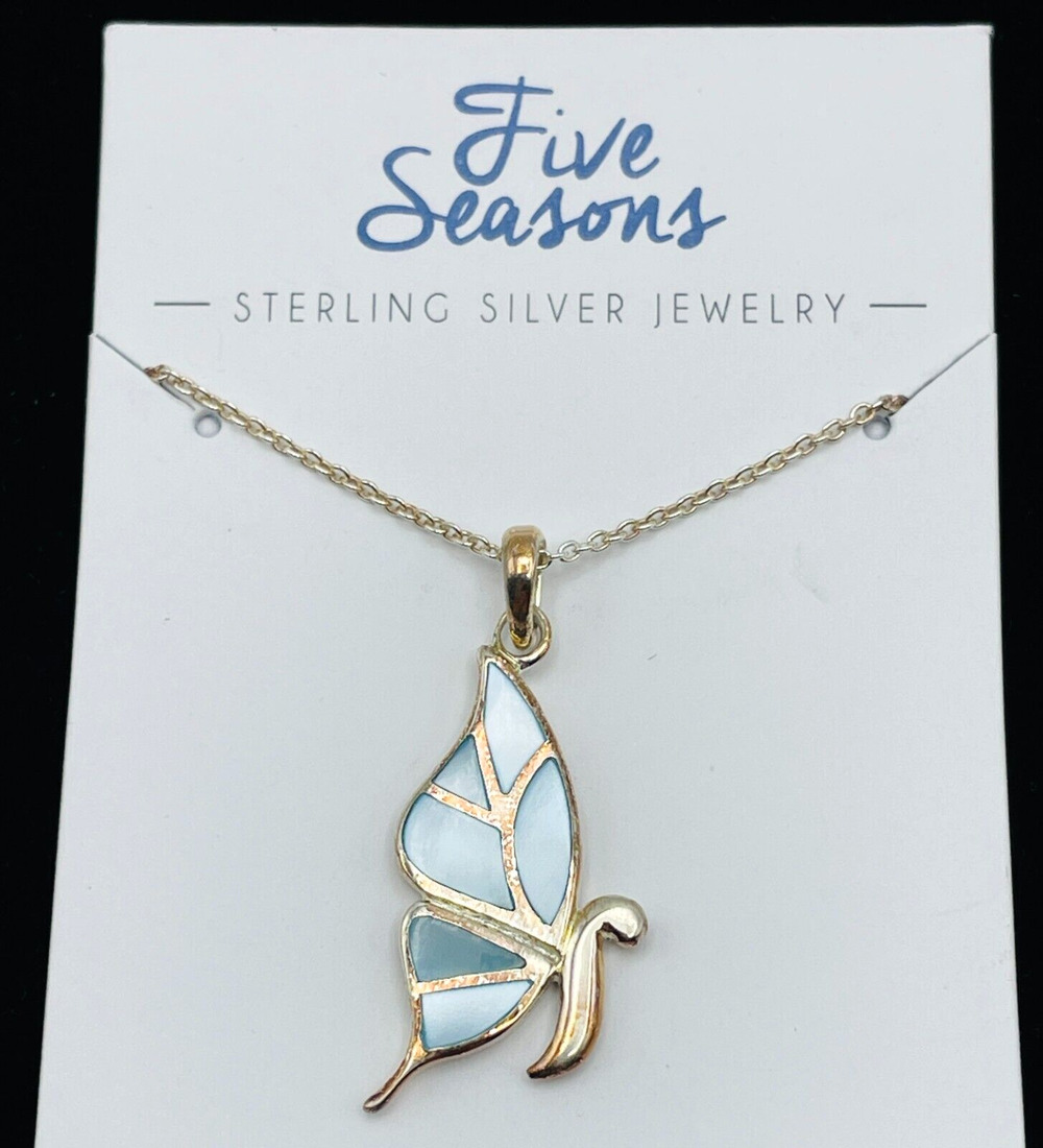925 NOS Blue Shell Inlay Butterfly Pendant Sterling Silver Necklace 18" Chain